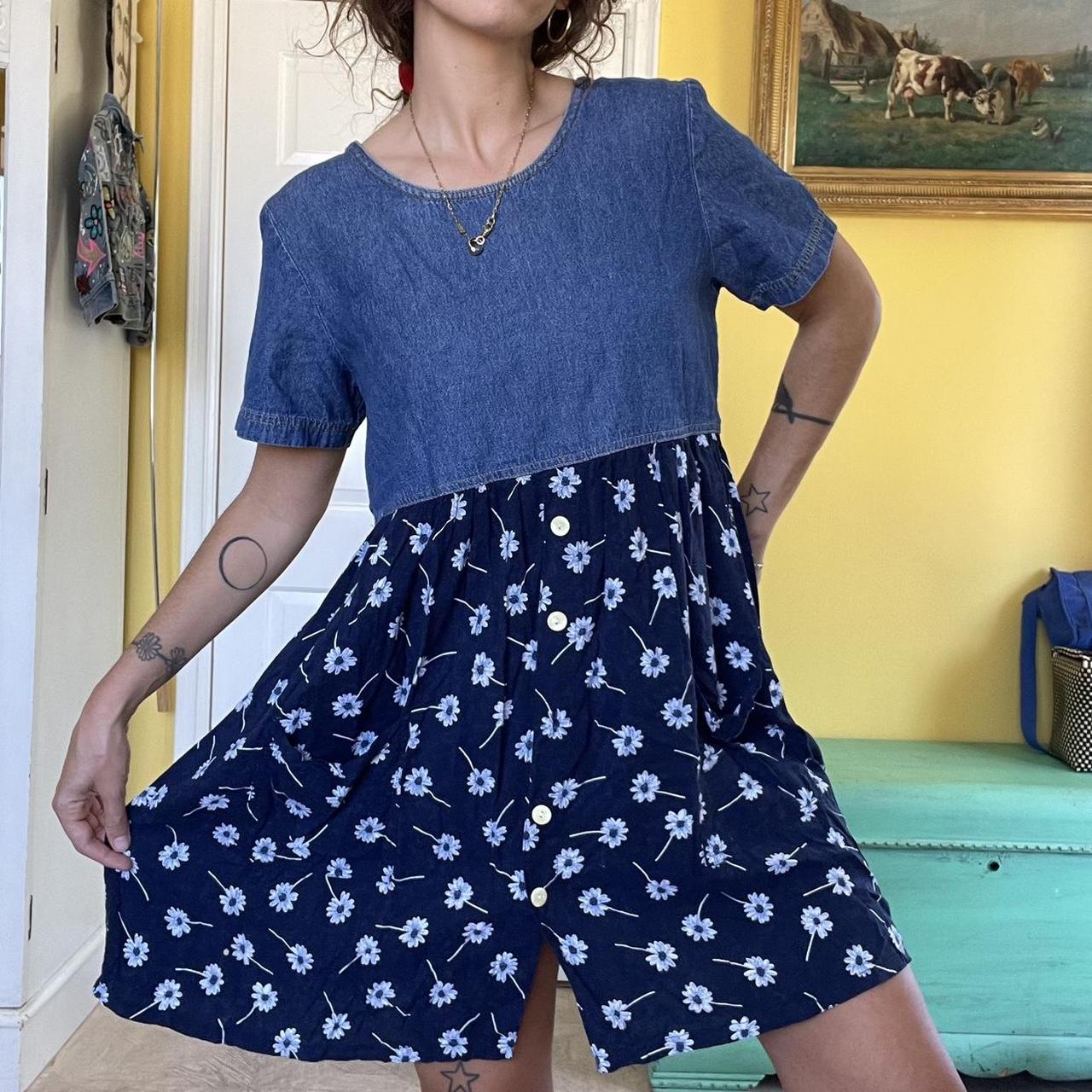 VINTAGE 90s BABY DOLL DRESS DENIM & FLORAL #90s... - Depop
