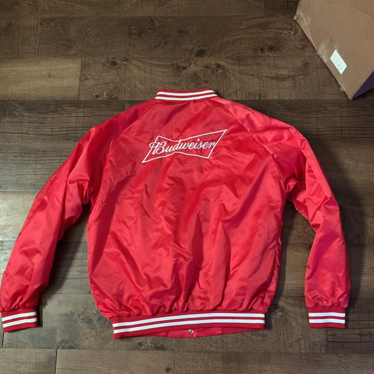 Cardinal Budweiser Bomber Varsity Jacket Size L... - Depop