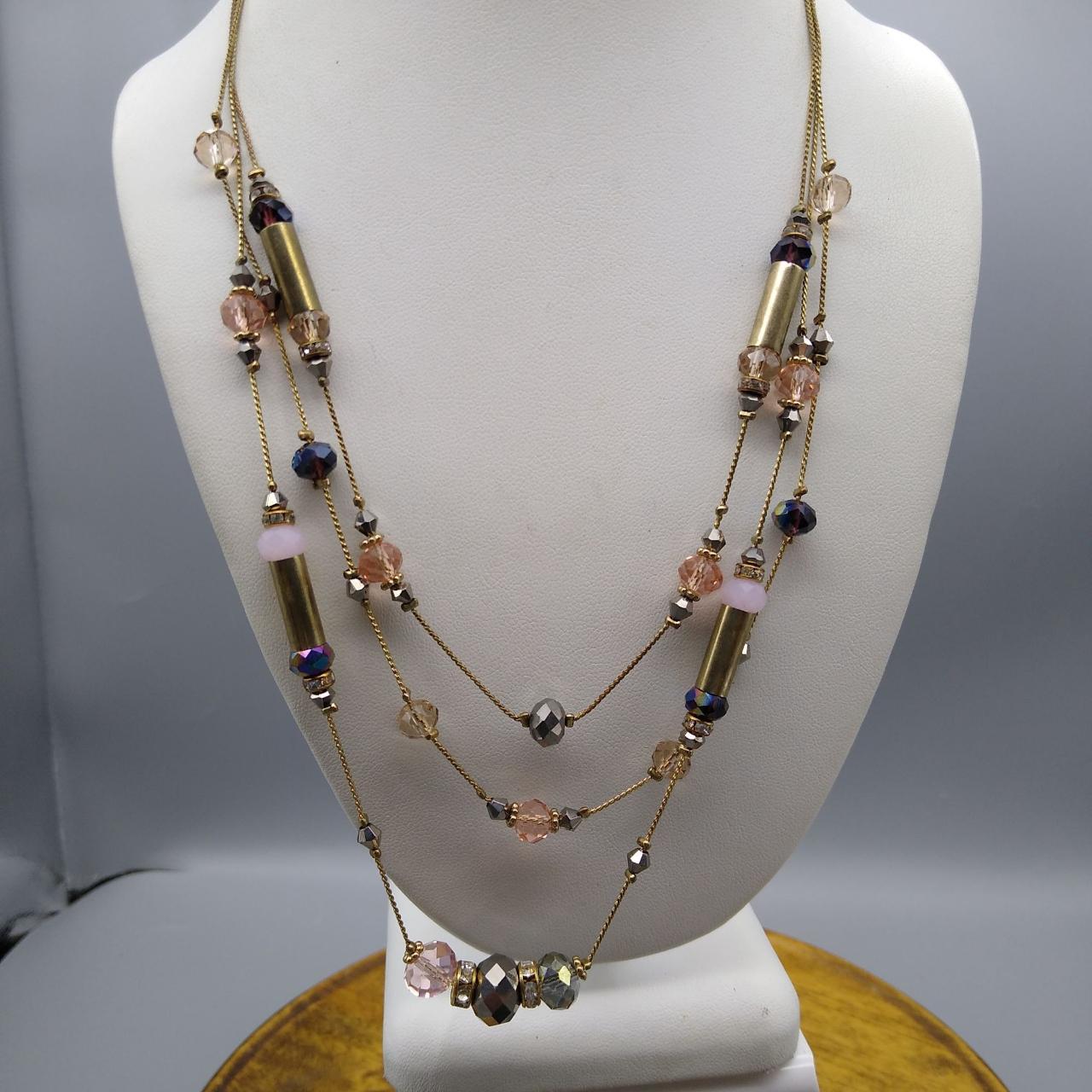 Vintage Multi Strand Necklace, Faceted Crystal Beads... - Depop