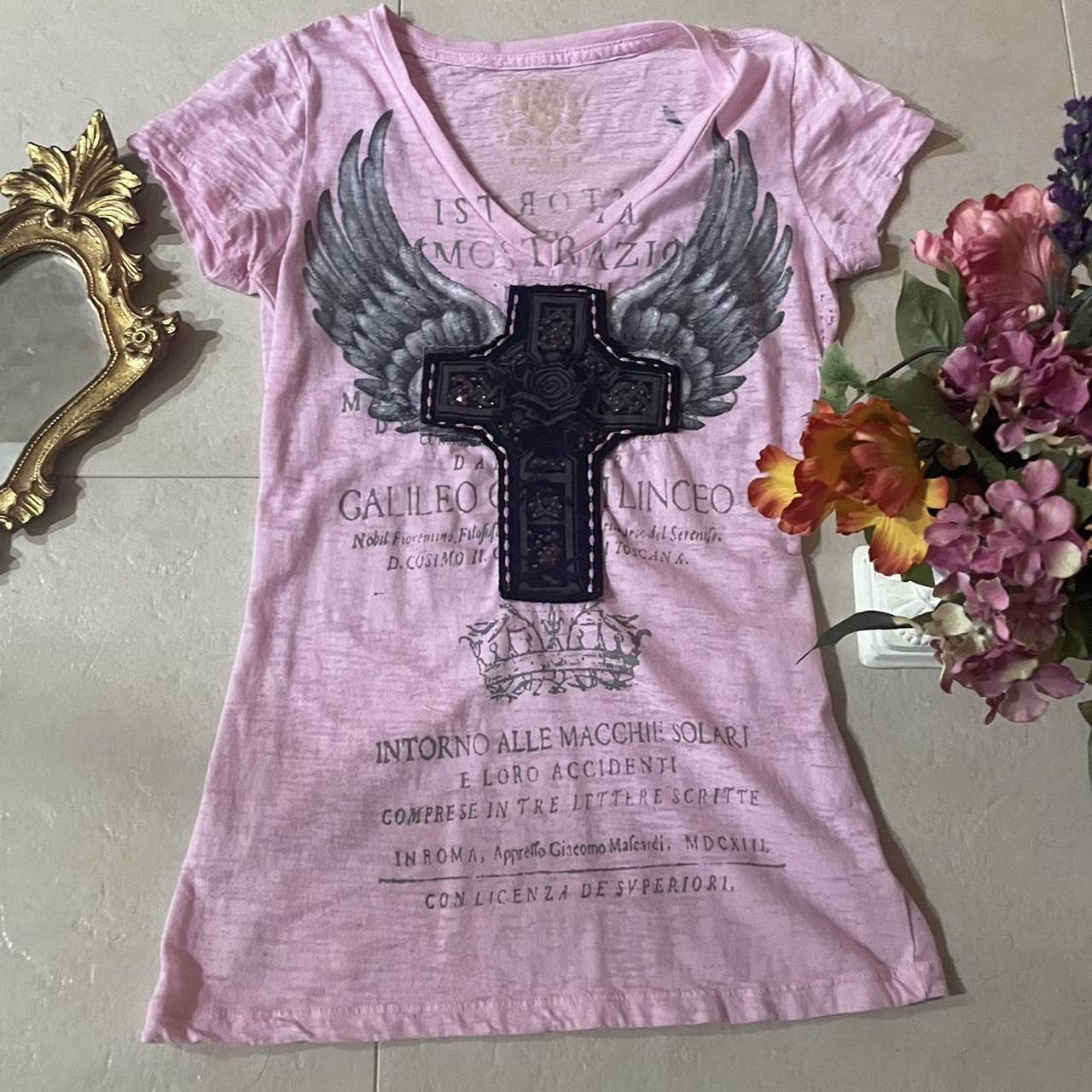 Women’s cross pink affliction style shirt -S: M -... - Depop