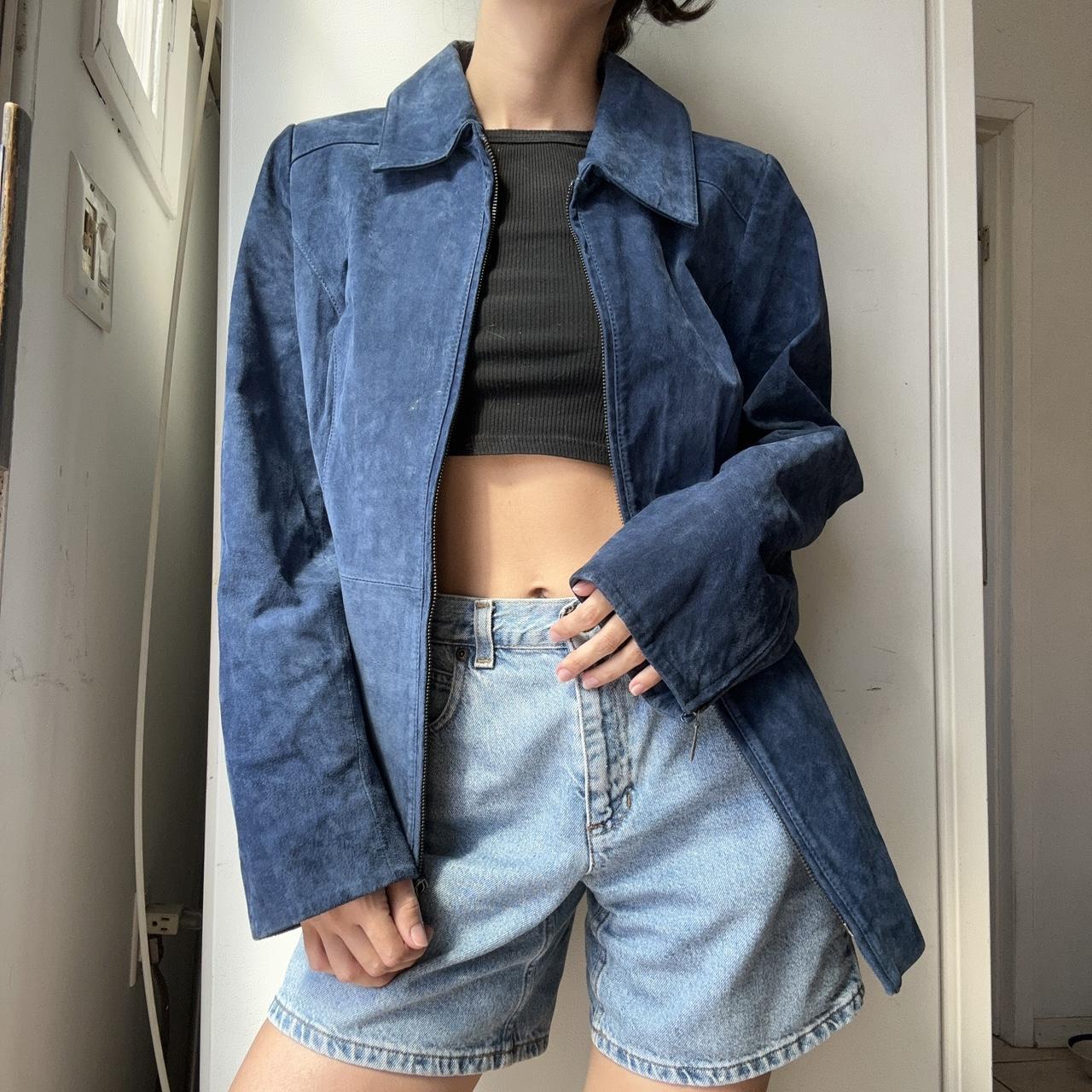 Women's fashion blue genuine suede leather vintage jacket