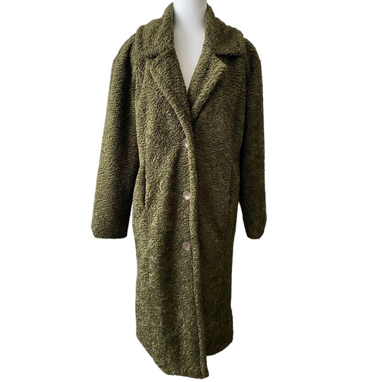 American Eagle Olive Green Long Sherpa Teddy Coat... - Depop