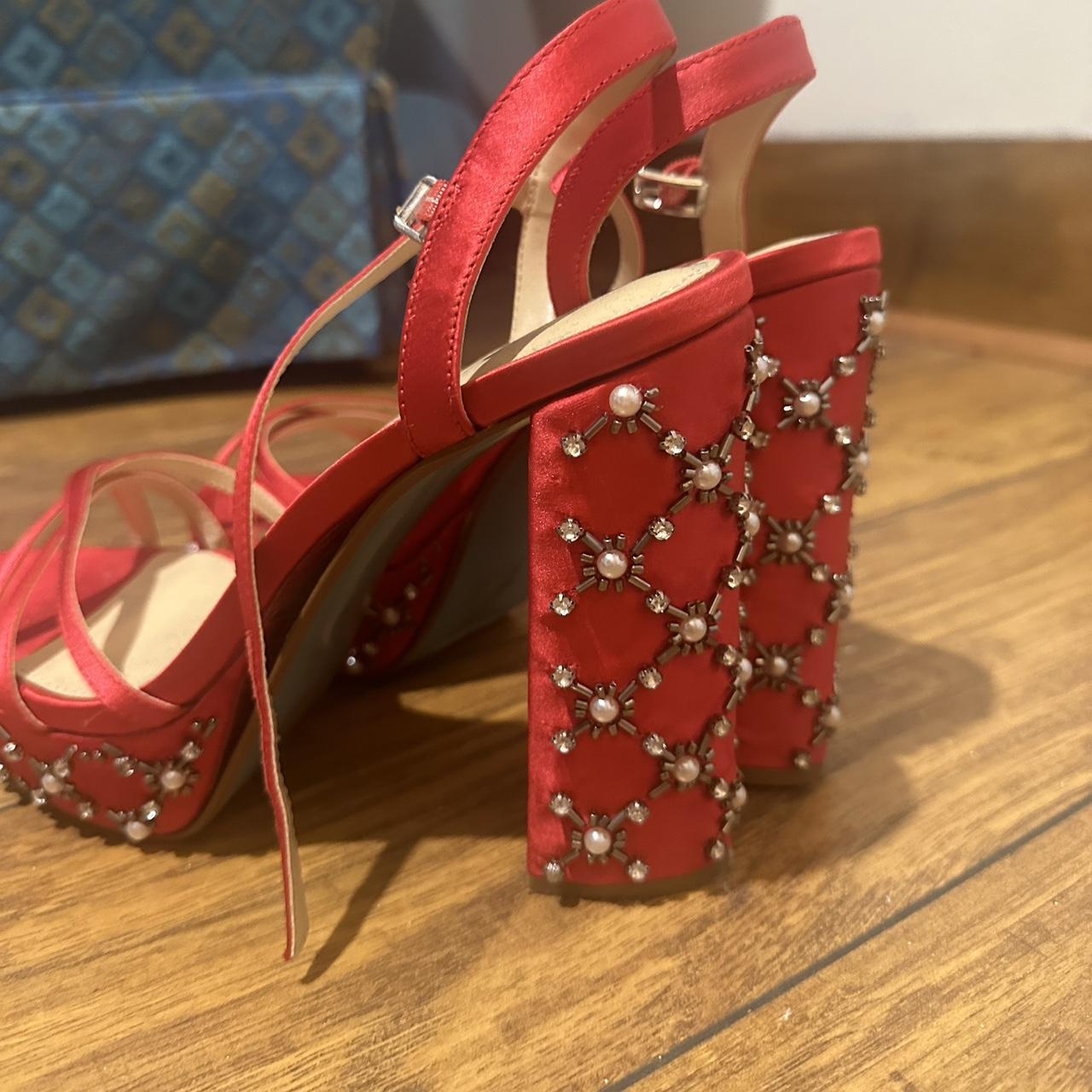 Beautiful red heels with pearls, silver, and jewels,... - Depop