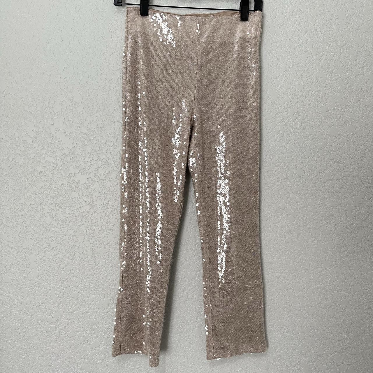 New Zara Cropped Sequin High Waist Pants Pale Pink... - Depop