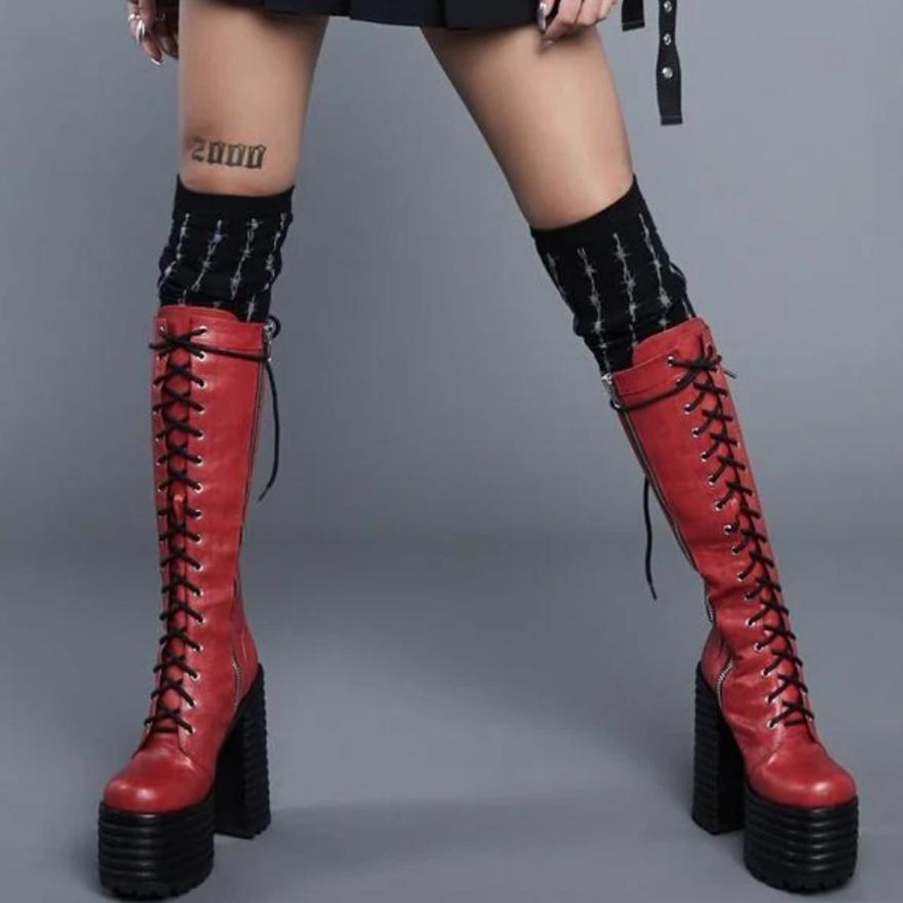 Dolls Kill knee high lace up platform boots Size is... - Depop