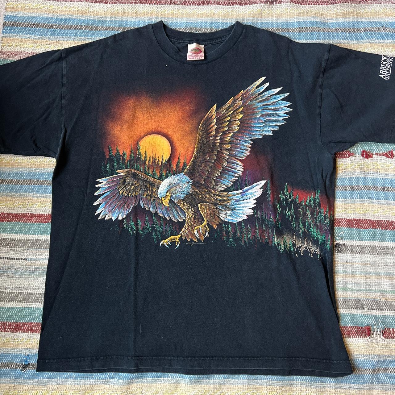 Vintage Hazelwoods Wrap around hawk print tshirt... - Depop