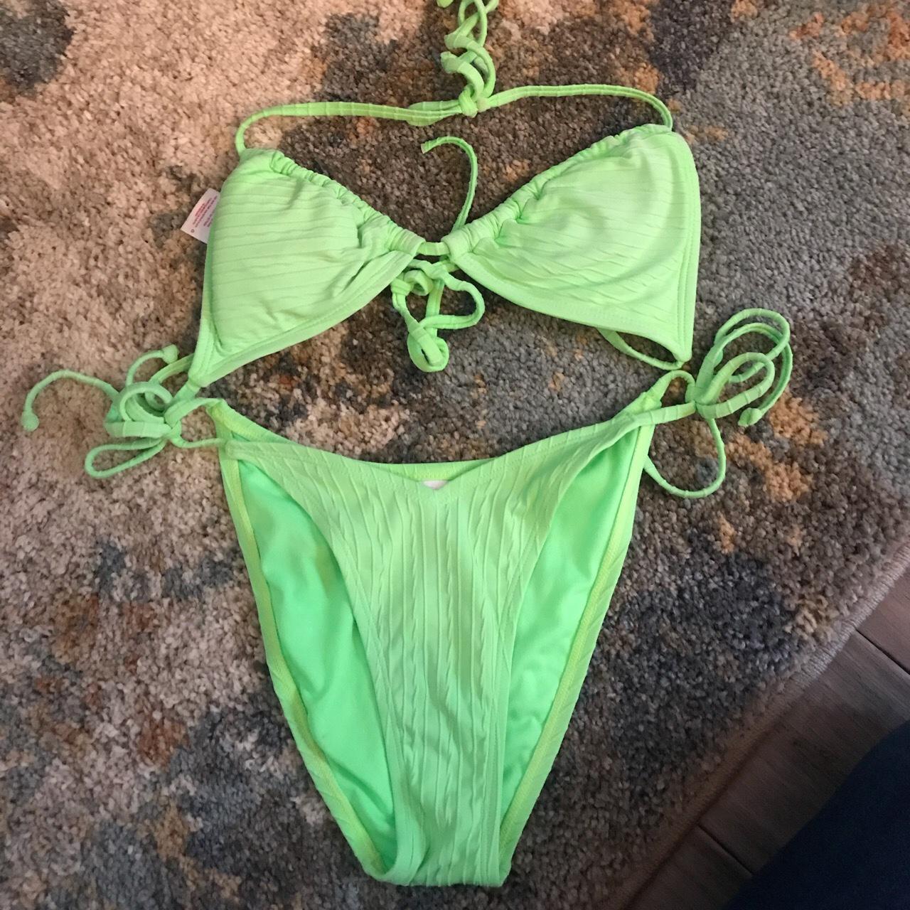 adorable neon green bikini! color is faded slightly... - Depop