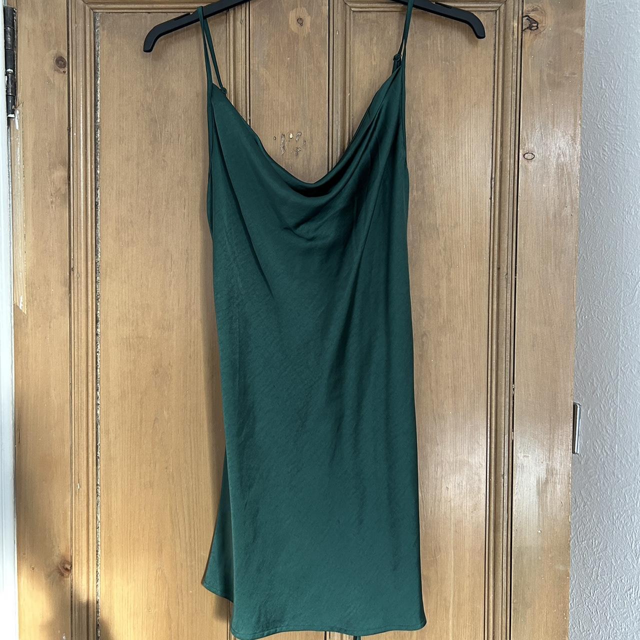 Green satin slip dress Waist tie and adjustable straps - Depop
