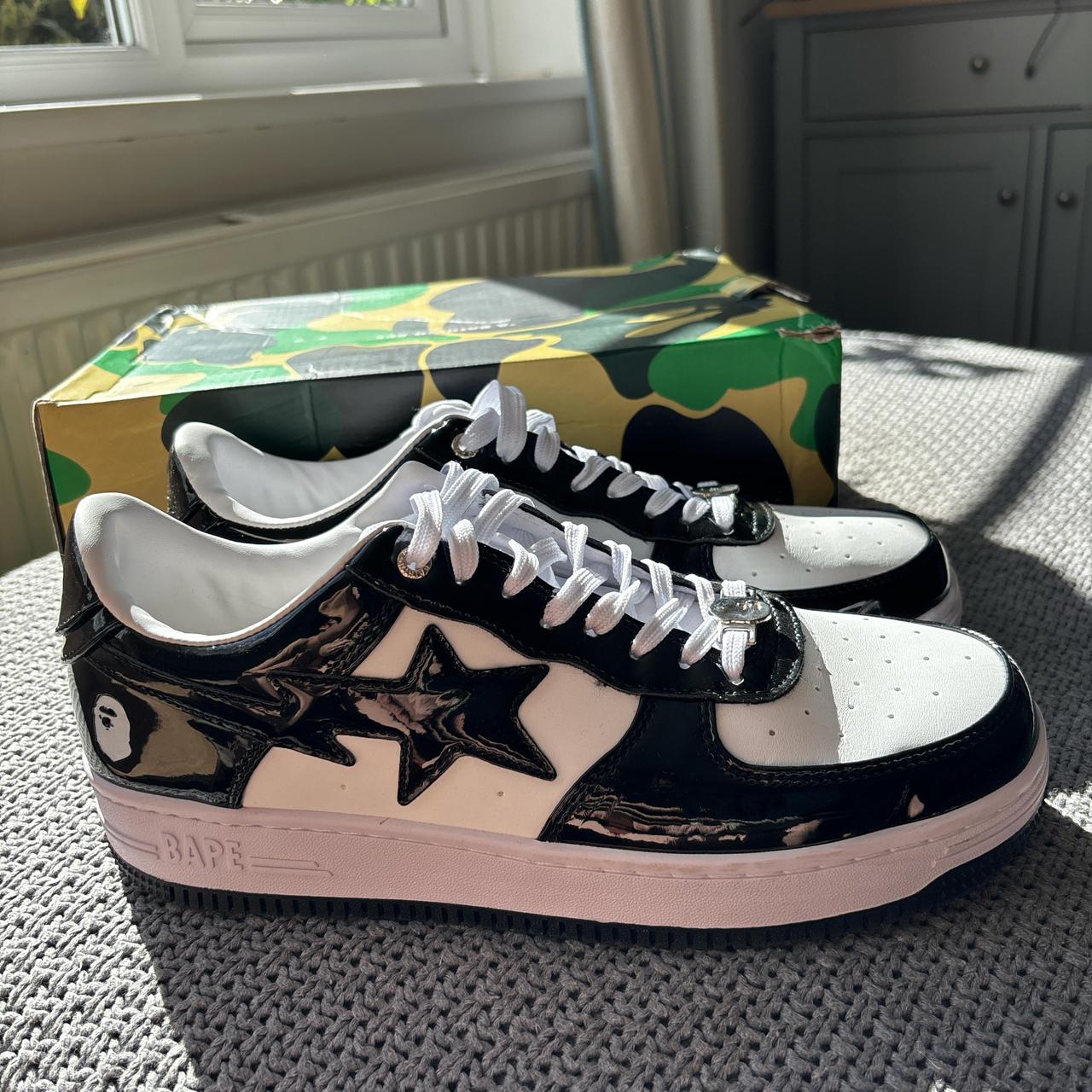 Black and White shiny bapesta in a size uk 10.... - Depop