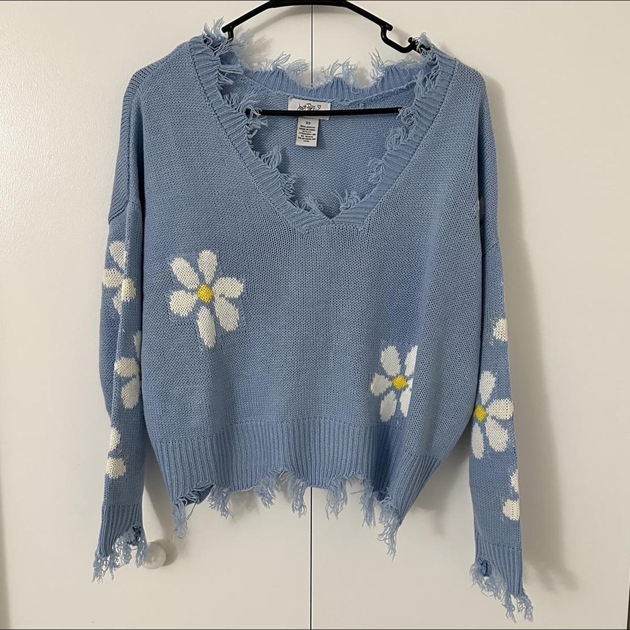 blue daisy distressed sweater never worn - Depop