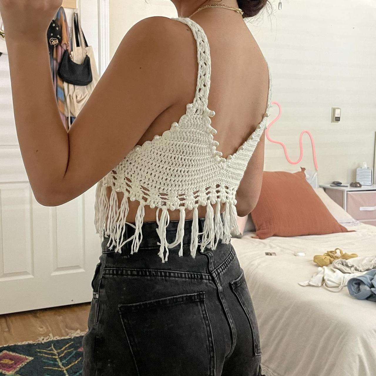White crochet knit top with pearls Soo cute i wore Depop