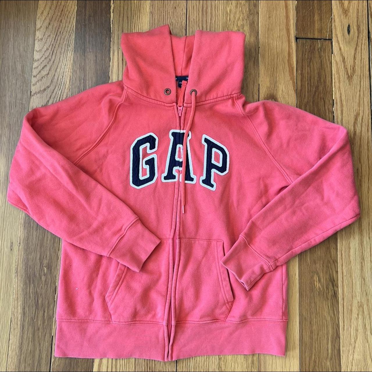 salmon pink gap zip up size large so would fit... - Depop