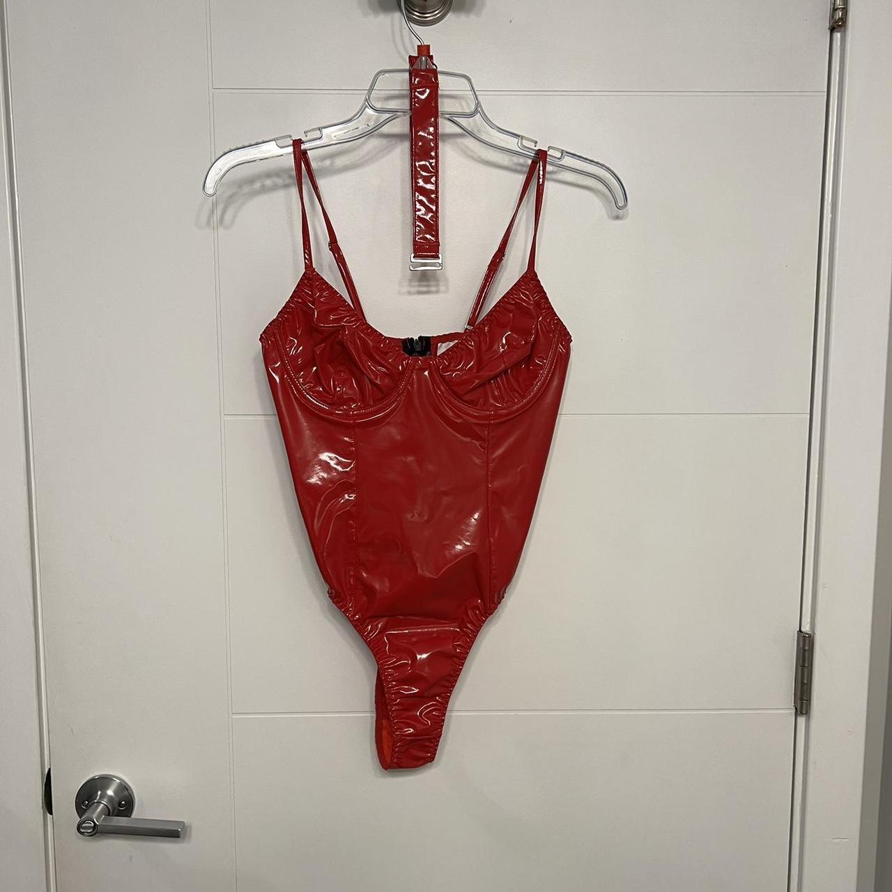 SHEIN red vinyl latex bodysuit with matching choker - Depop