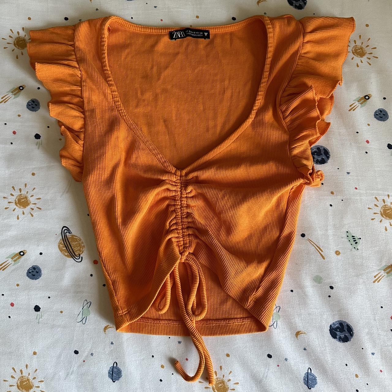 Zara ruffled crop top with ruched tie in orange,... Depop