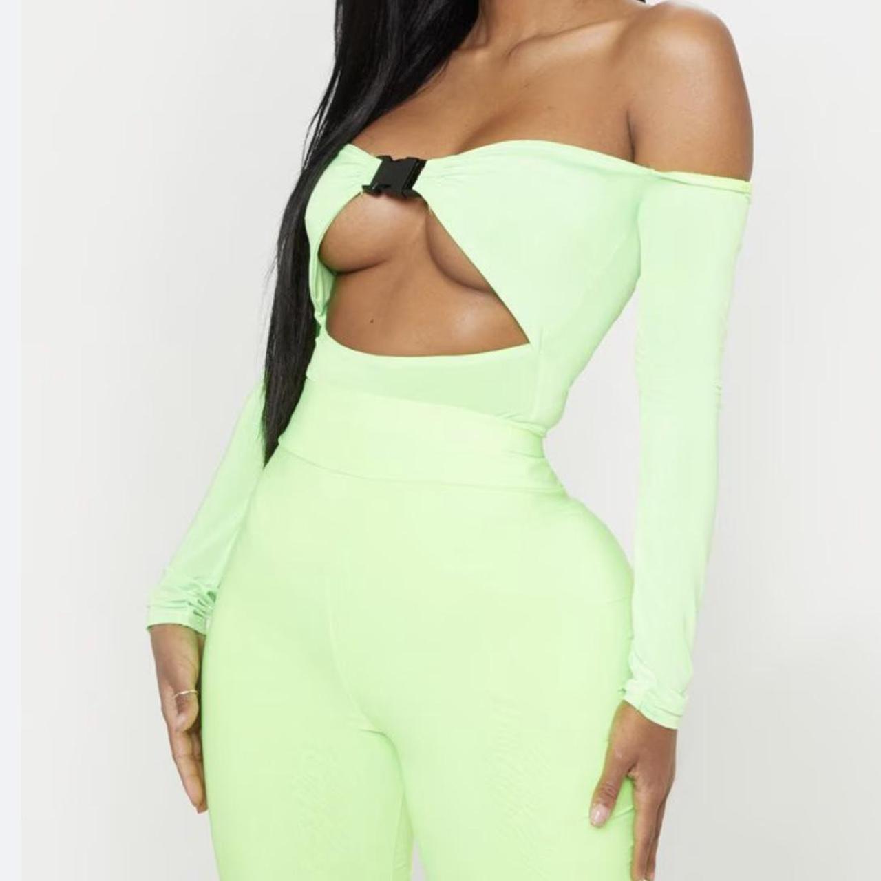 Shape Neon Lime Bardot Buckle Front Bodysuit PRETTY... Depop
