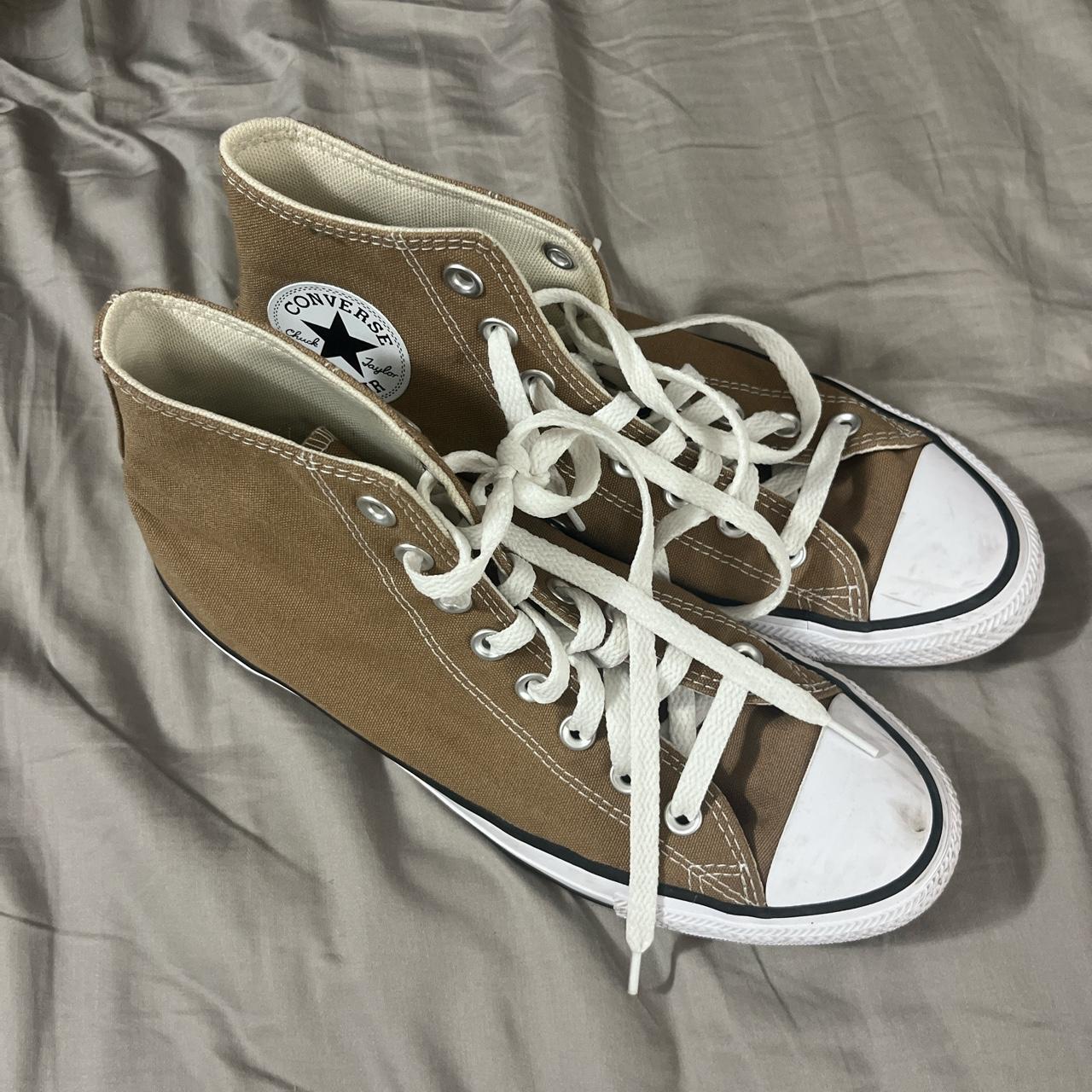 Brown Converse high tops barely used small scuffing... - Depop