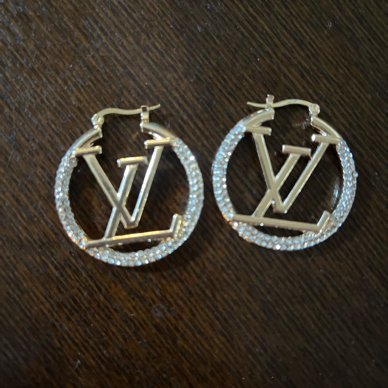 Lv gold rhinestone hoop earrings No missing - Depop