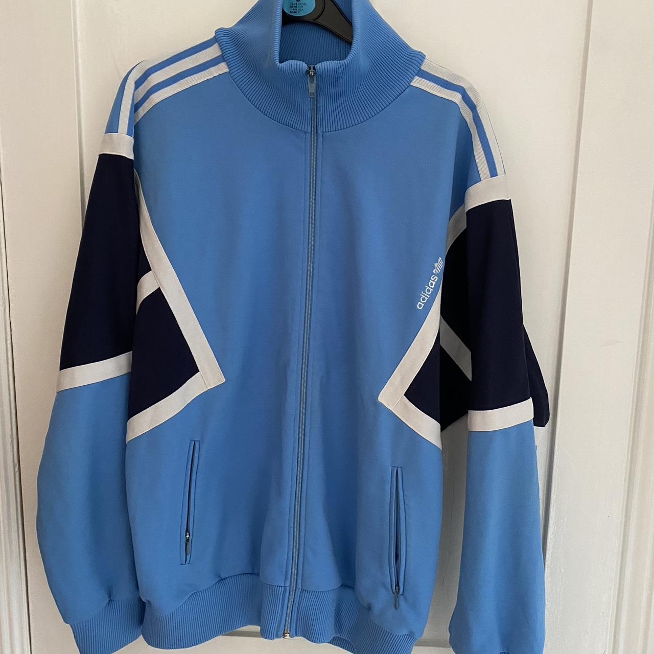 Vintage Blue and White adidas track jacket 80s... - Depop