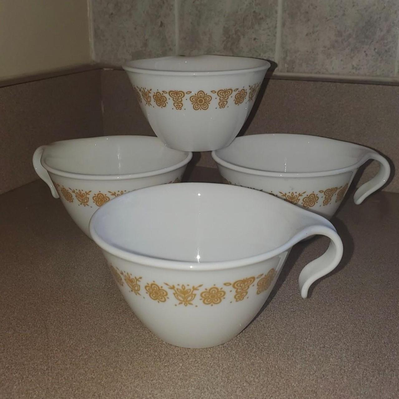 Pyrex Gold Butterfly Pattern Coffee Mugs Set of 8 Milk Glass Cups 