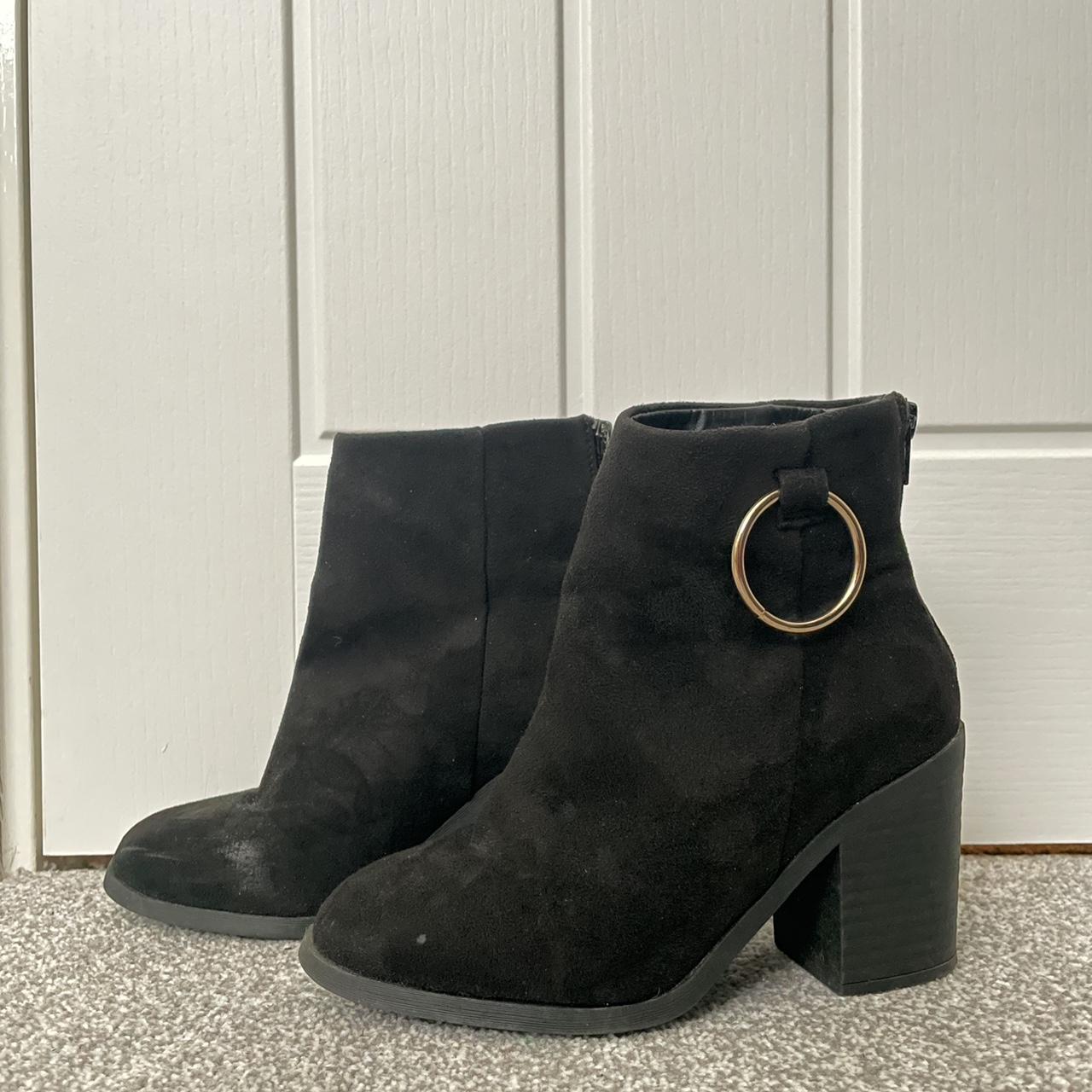Size 4 black heeled ankle boots with gold hoop... Depop
