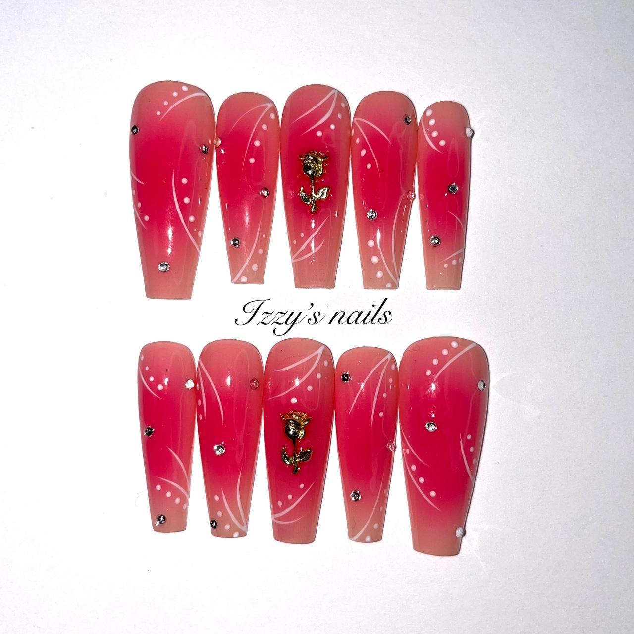 LONG COFFIN RED AIRBRUSH ROSE PRESS ON NAILS SET... Depop