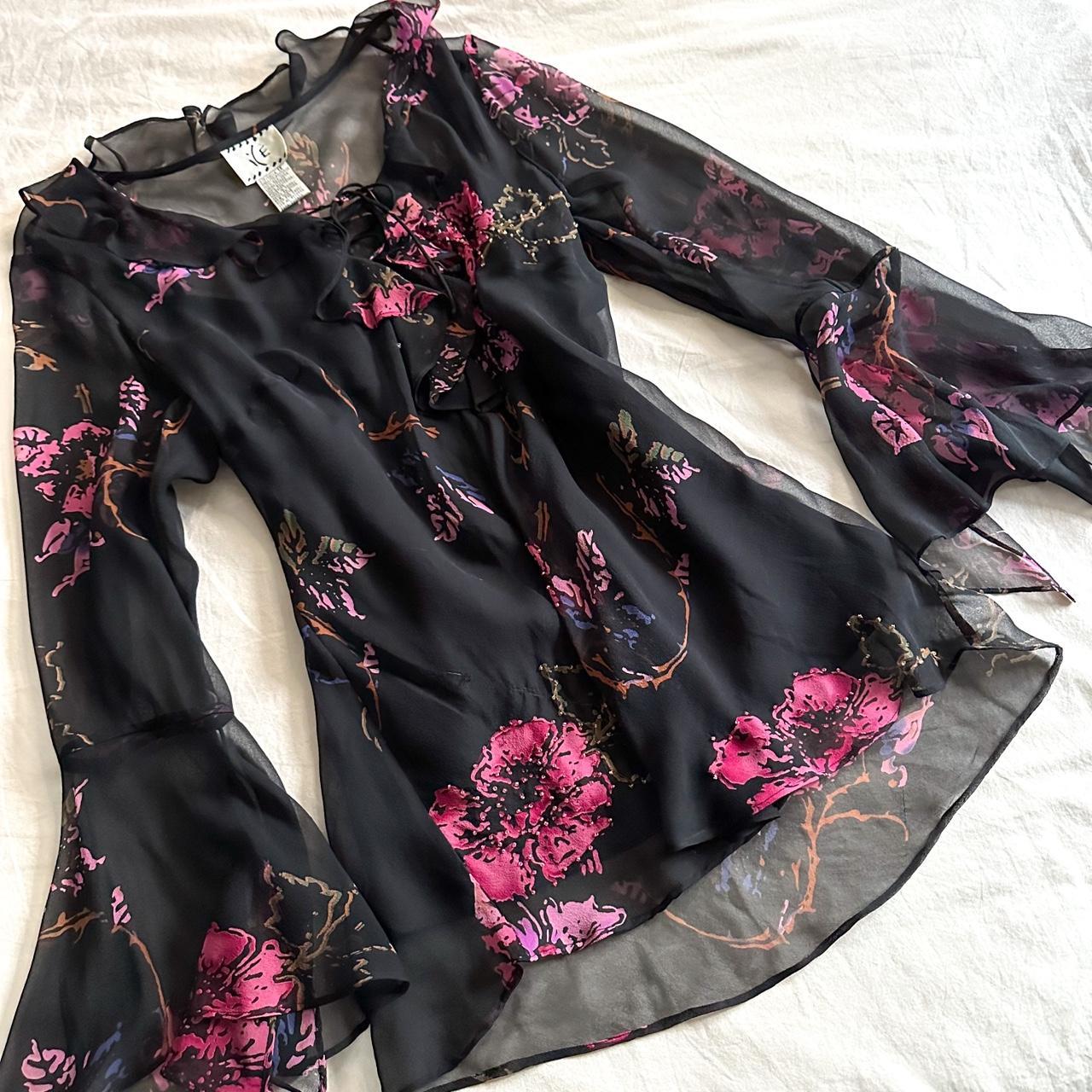 Ruffled black silk blouse with lace up ruffled... - Depop