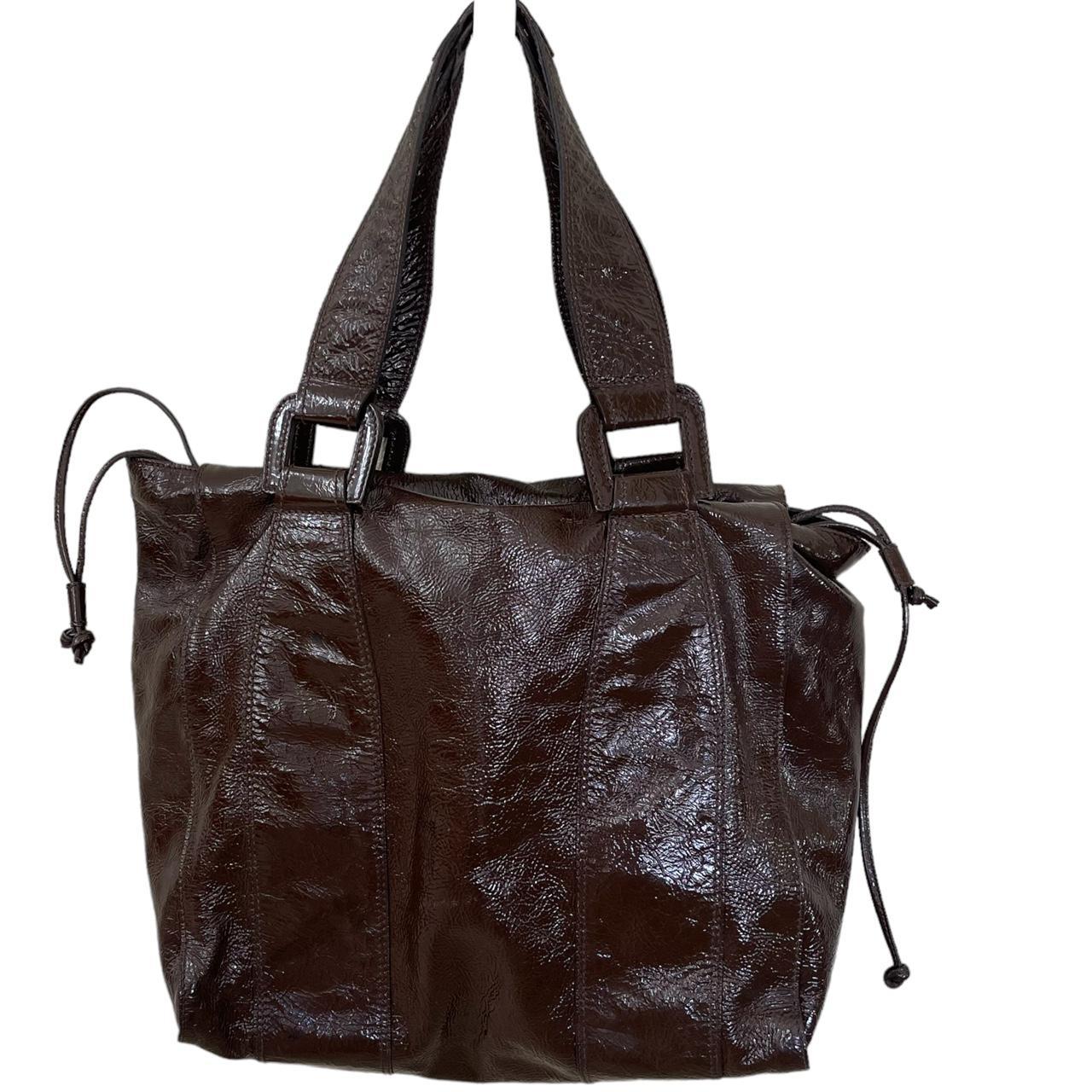 Barneys New York Brown Crinkled Patent Leather Tote... - Depop