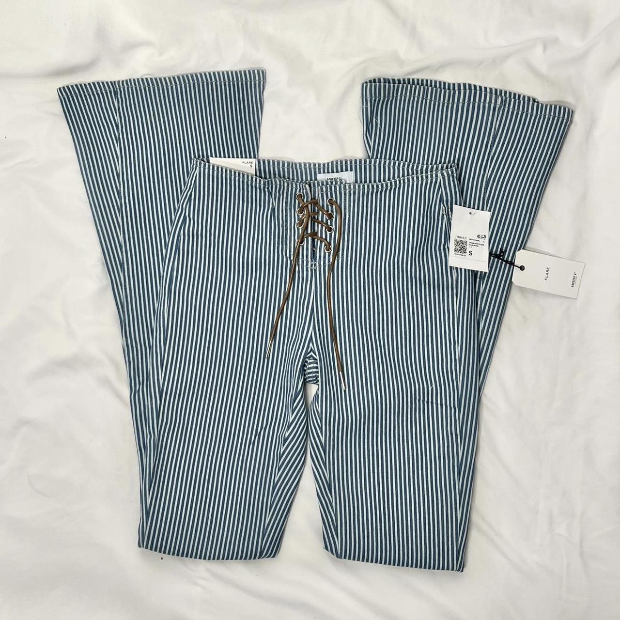 Blue and white Pinstriped Low-Rise Flare... - Depop