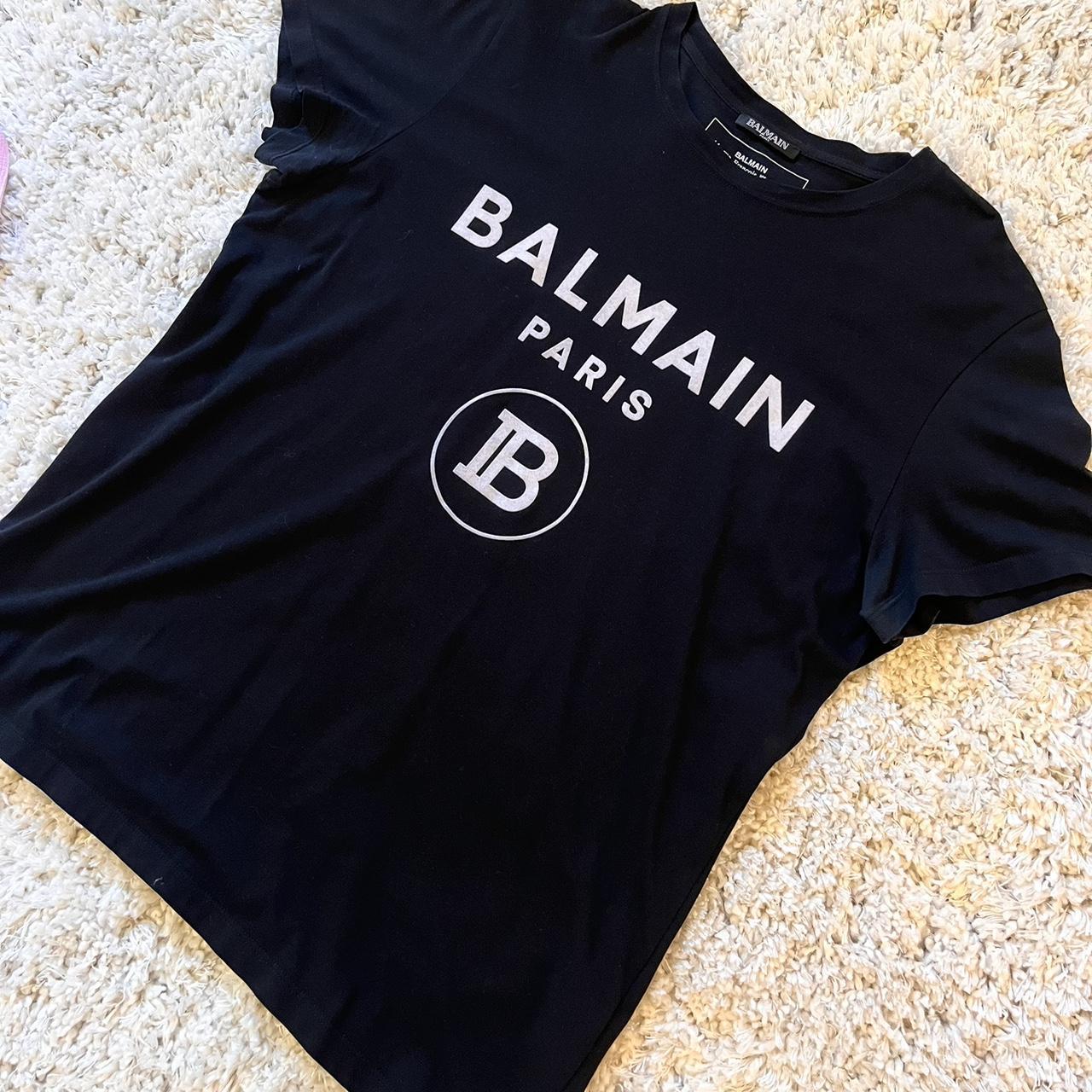 Black balmain white logo men’s t shirt Very good... - Depop