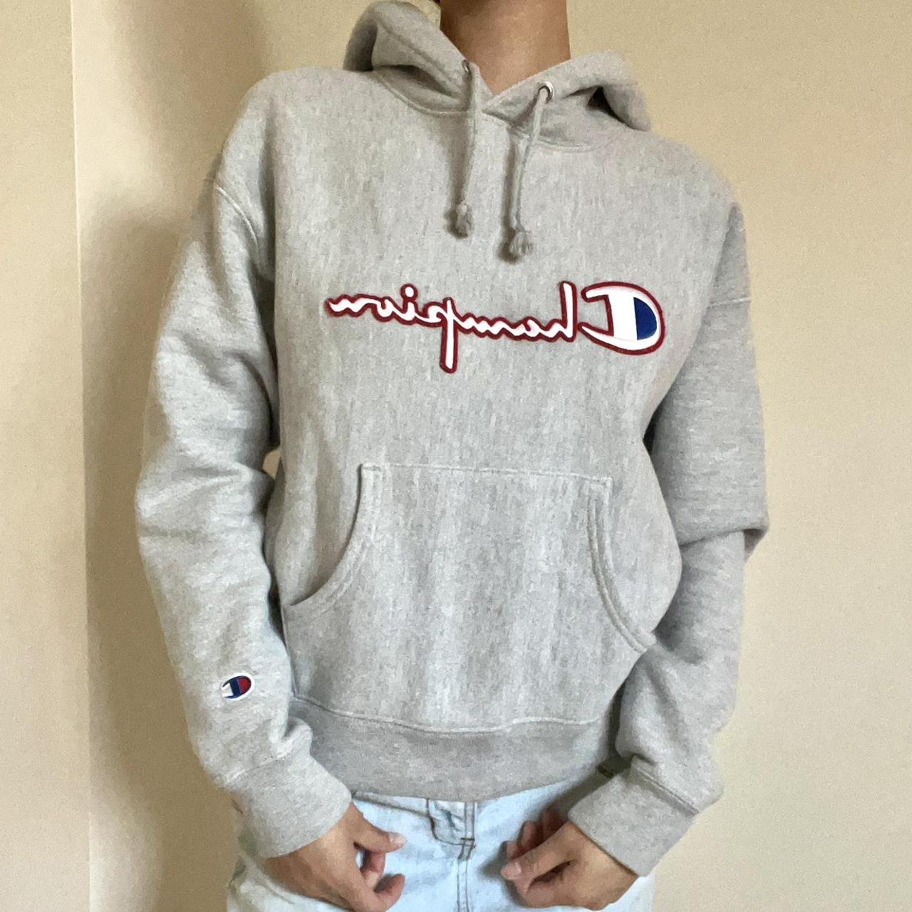 Grey Champion Reverse weave Hoodie Size Small Depop