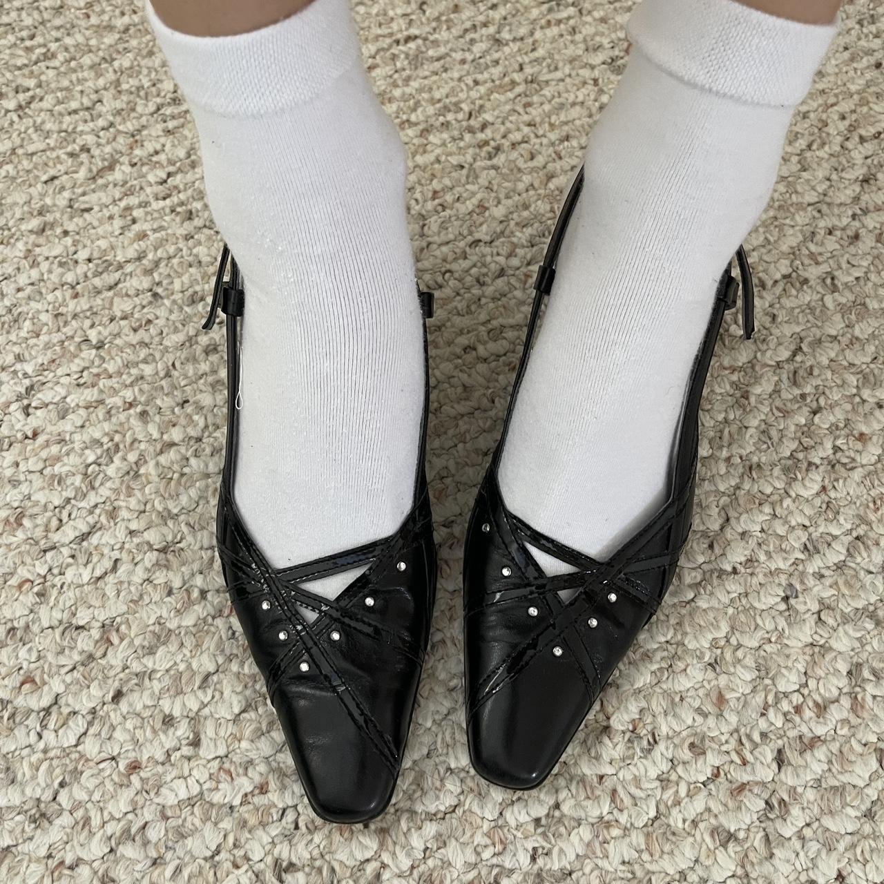 Black pointed toe kitten heels with silver... - Depop