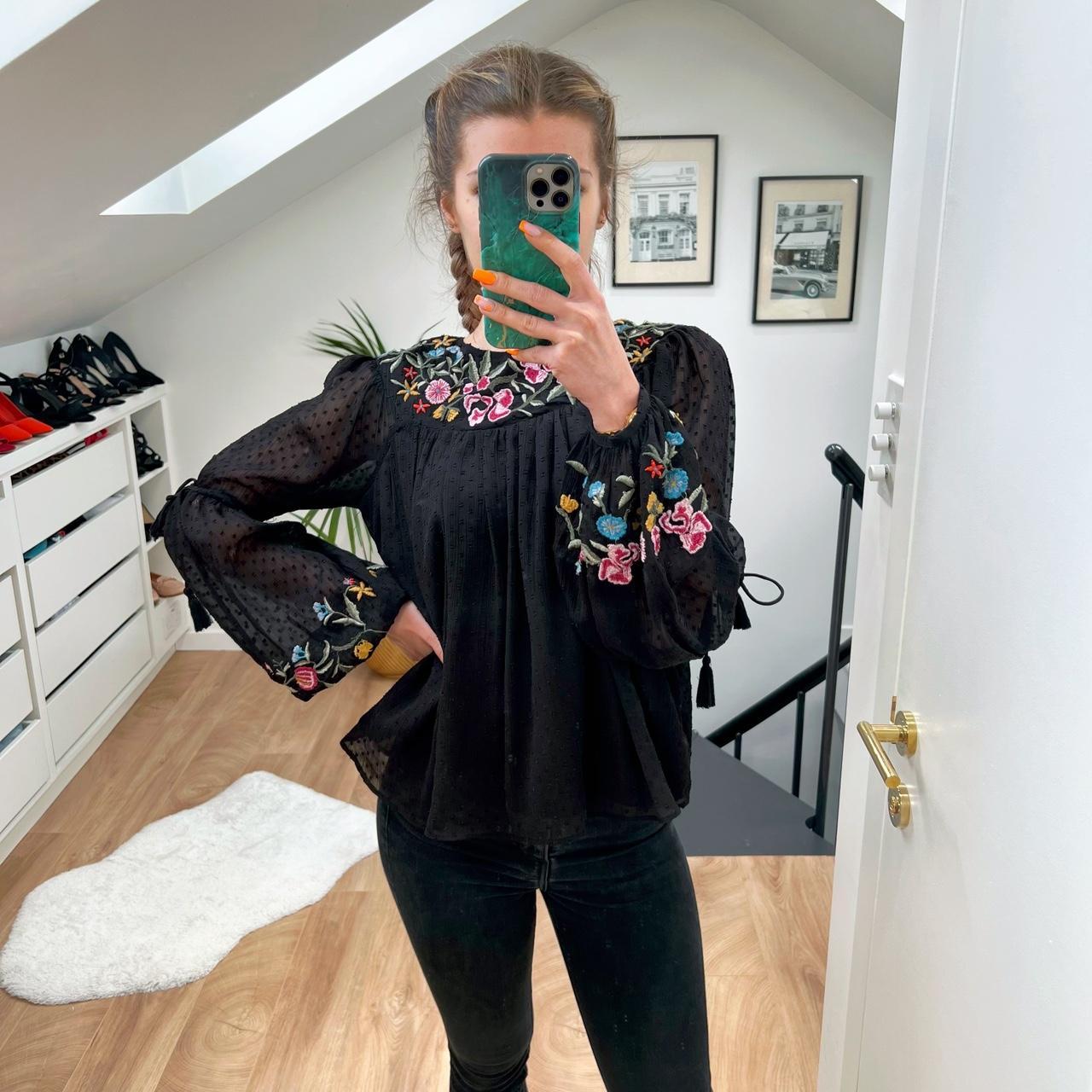 Zara Black floral embroidered detail long sleeve top... Depop
