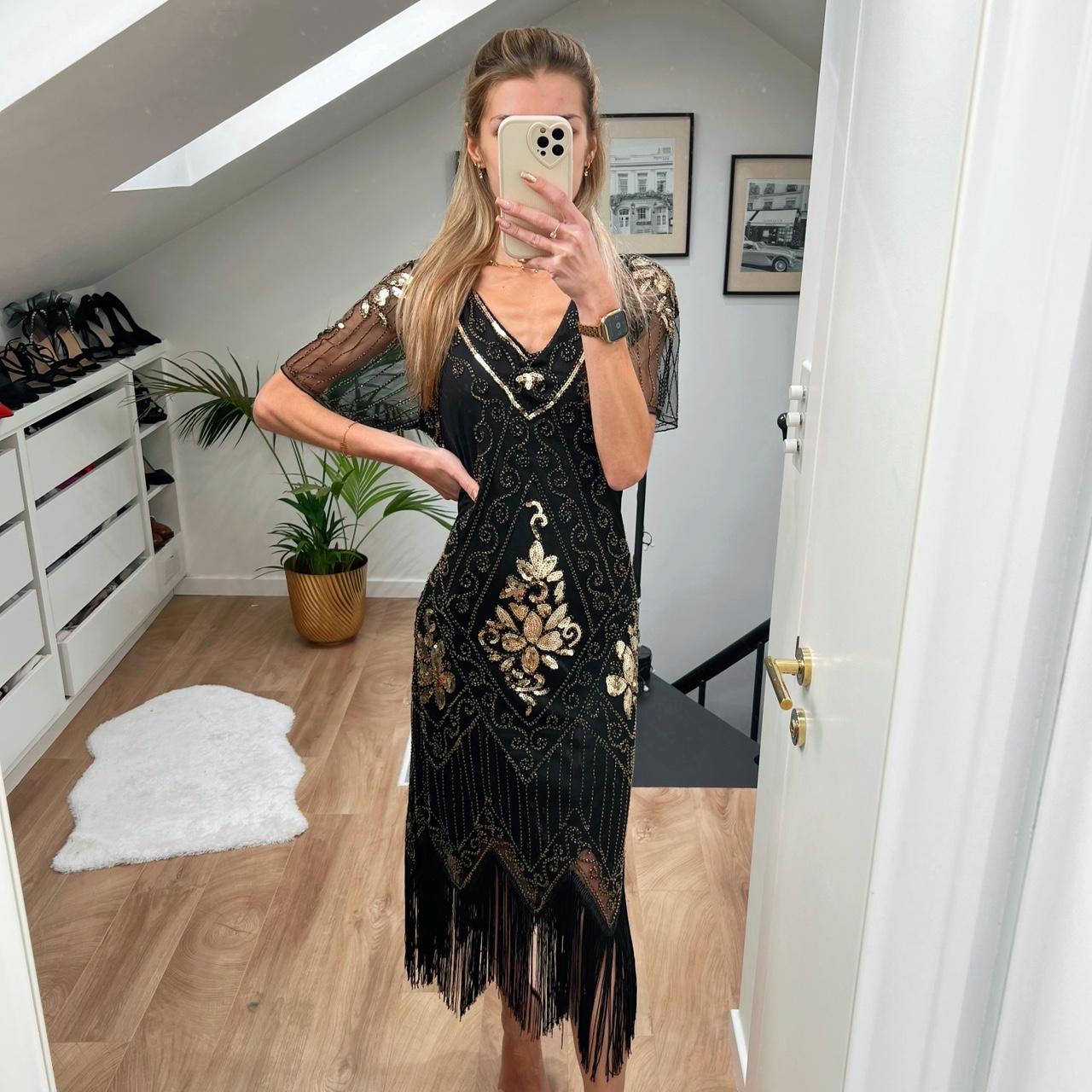 Gold Black Short Sleeve Beaded Sequin Tassel fringe