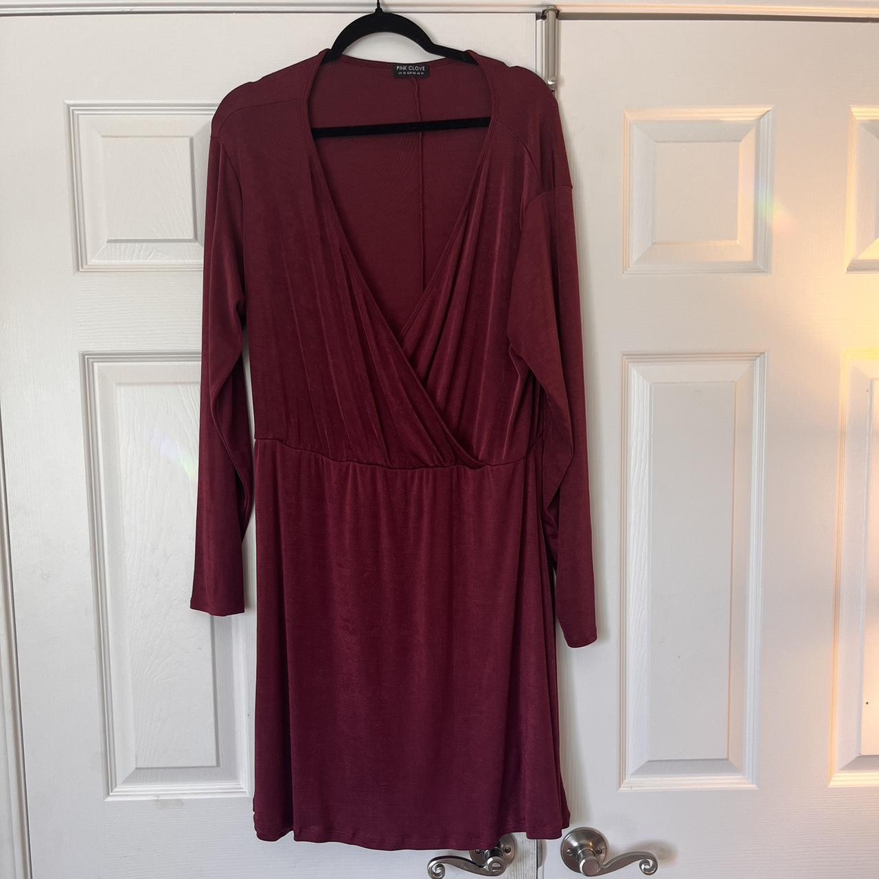 Burgundy and red wrap dress with long sleeves and a