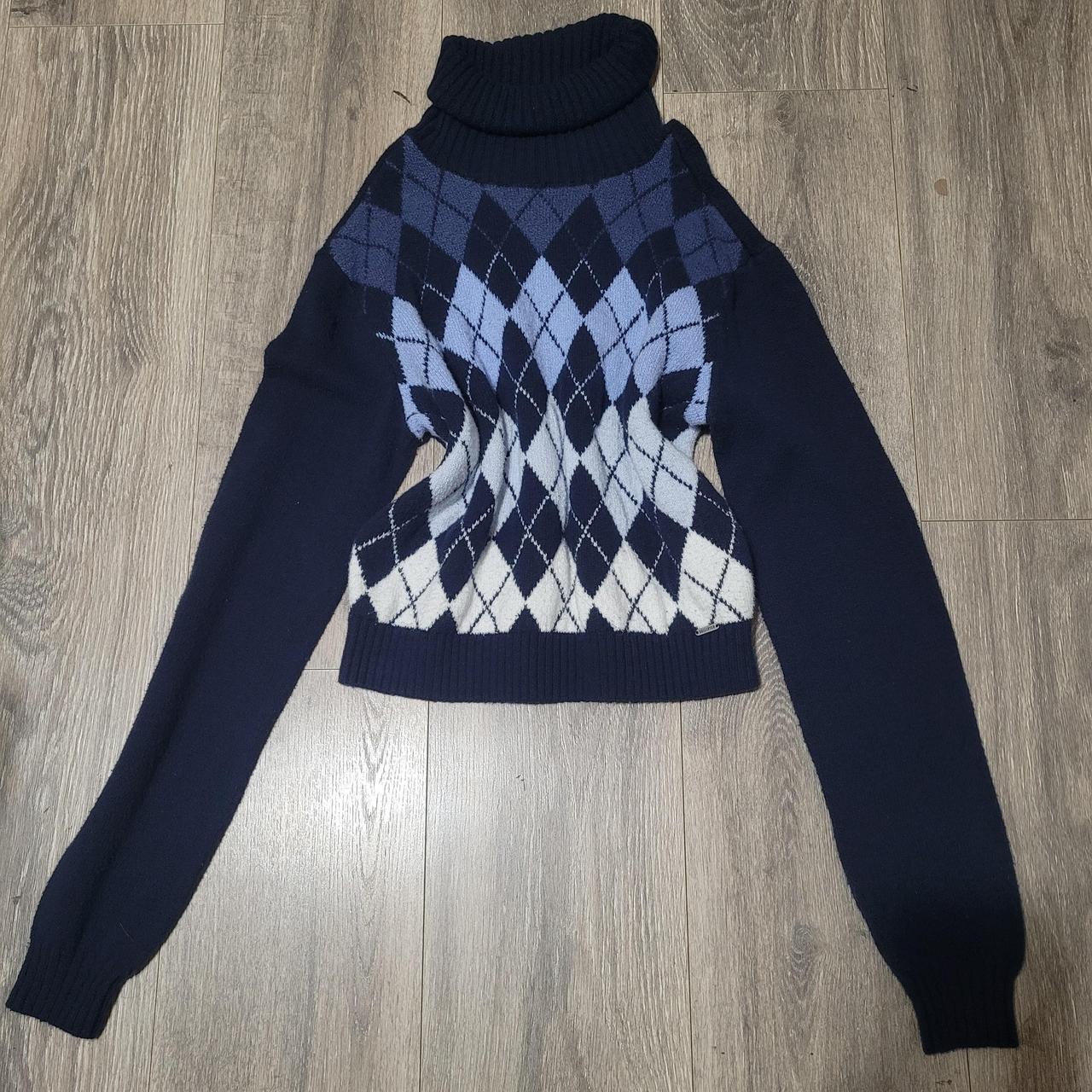 Blue and white argyle turtleneck sweater Depop