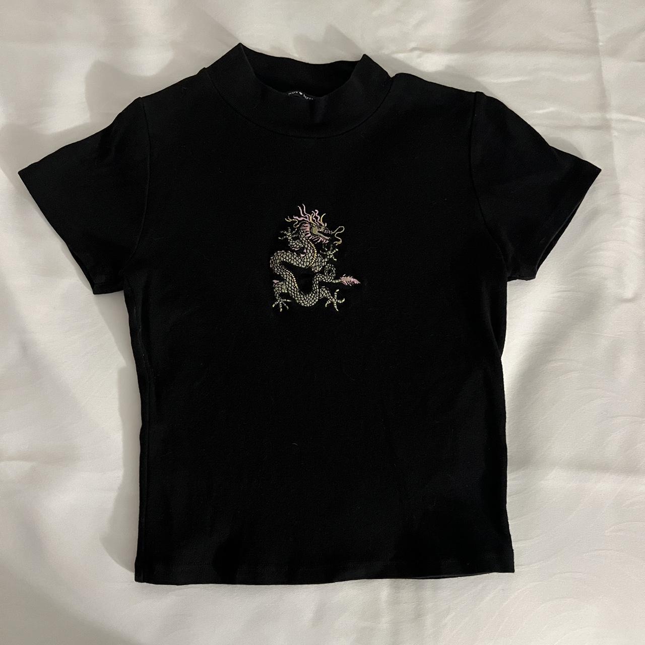 black turtle neck baby tee with dragon on the front... - Depop
