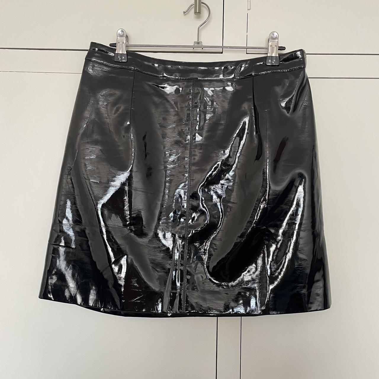 Fully lined black PVC A-line mini skirt with silver... - Depop