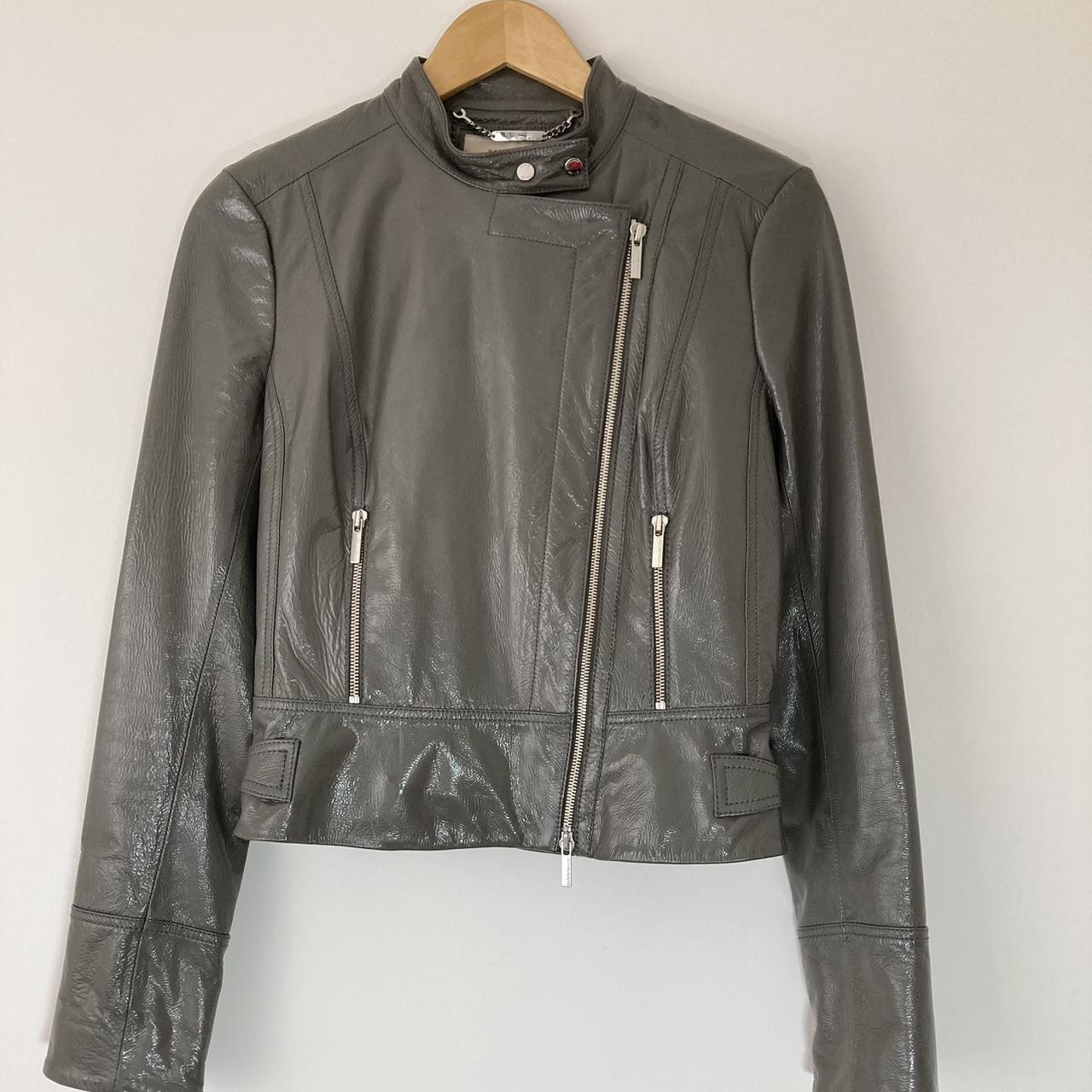 Karen Millen leather biker jacket patent grey UK... - Depop