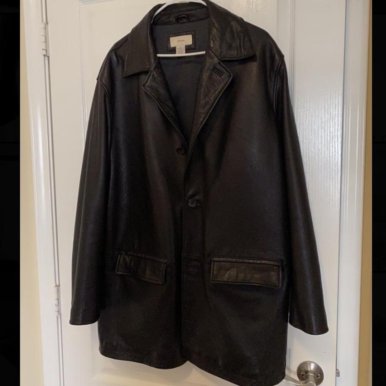 VINTAGE black LEATHER trench style coat jacket with... - Depop