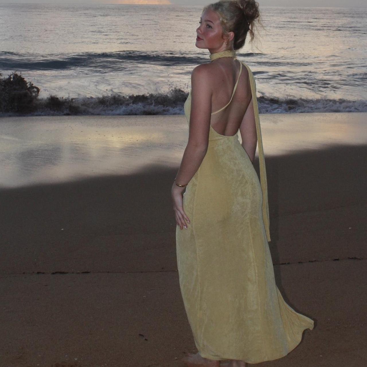 this golden yellow maxi dress with open back and... - Depop