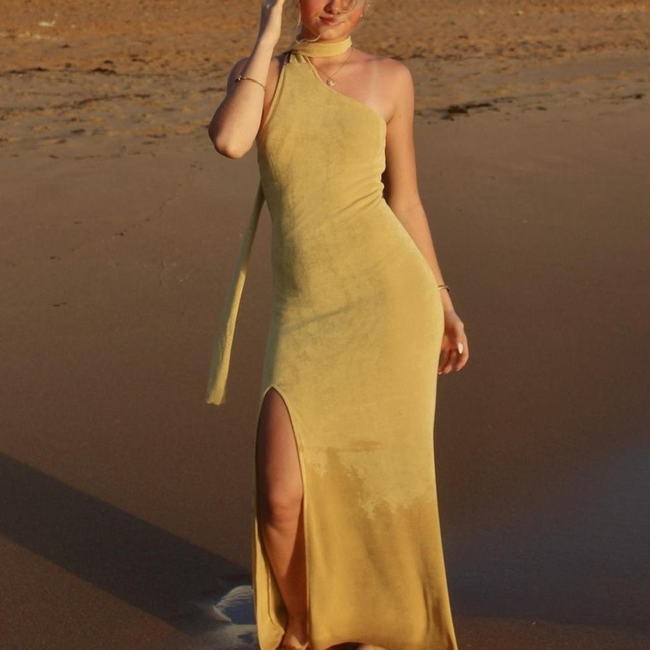 this golden yellow maxi dress with open back and... - Depop