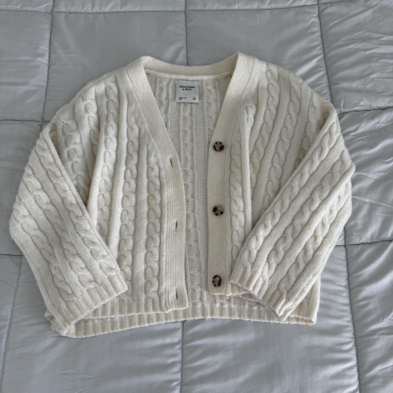 Cream Abercrombie cable knit cardigan with brown Depop