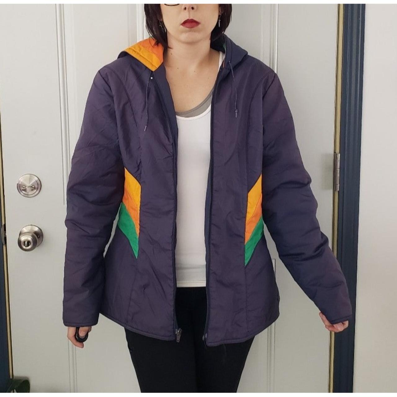 70s/80s Blue, Orange, and Green Striped Jacket This... Depop