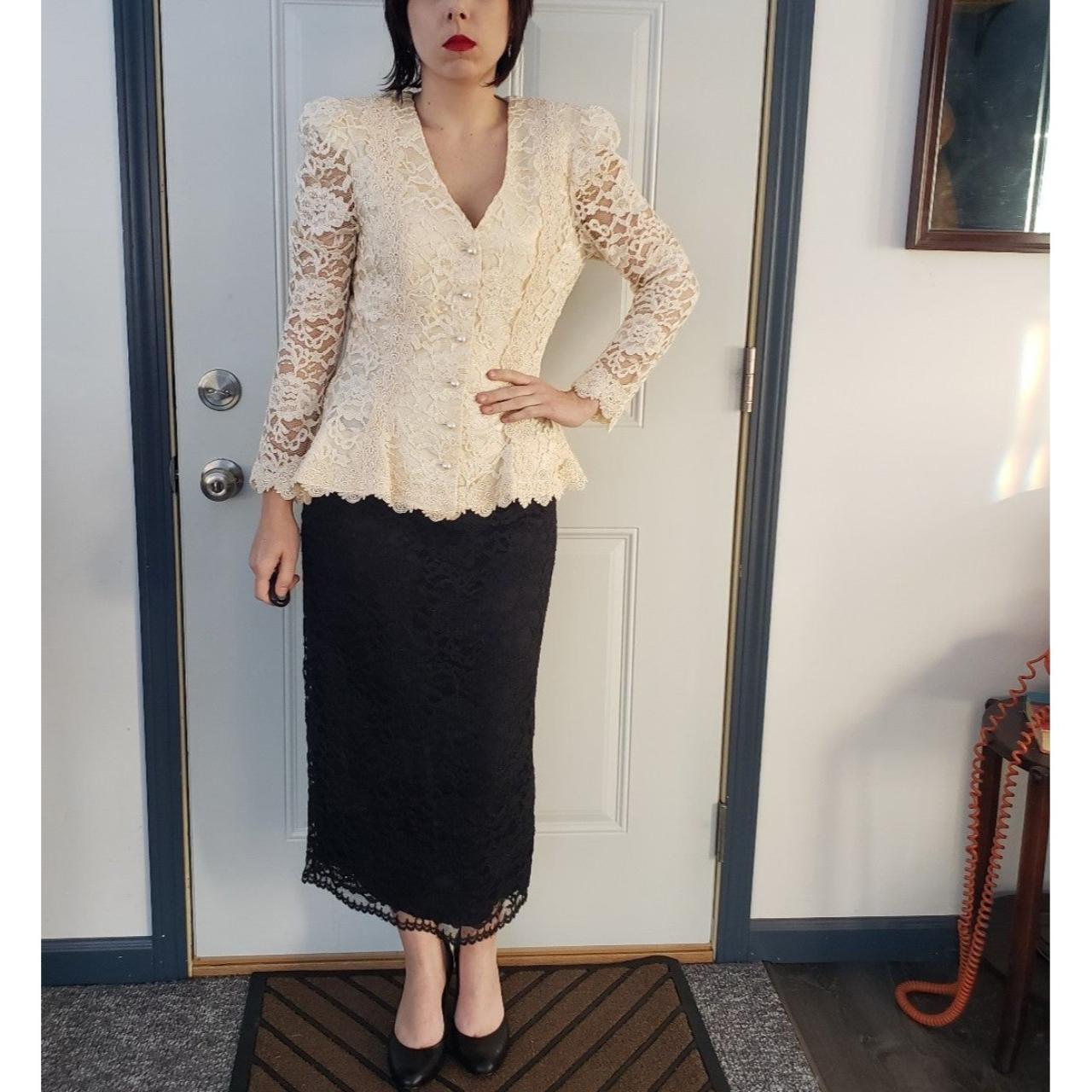 80s 90s Black and Cream Lace Peplum Skirt and Jacket. Depop