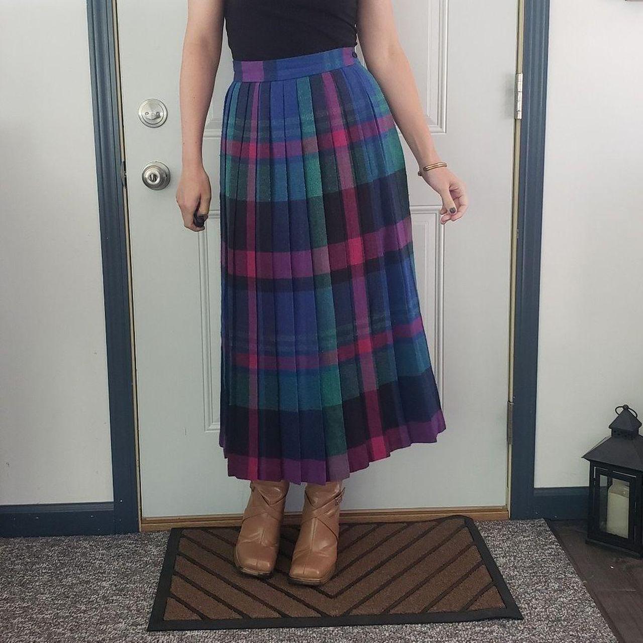 70s Green Blue and Purple Plaid Pleated Maxi. Depop