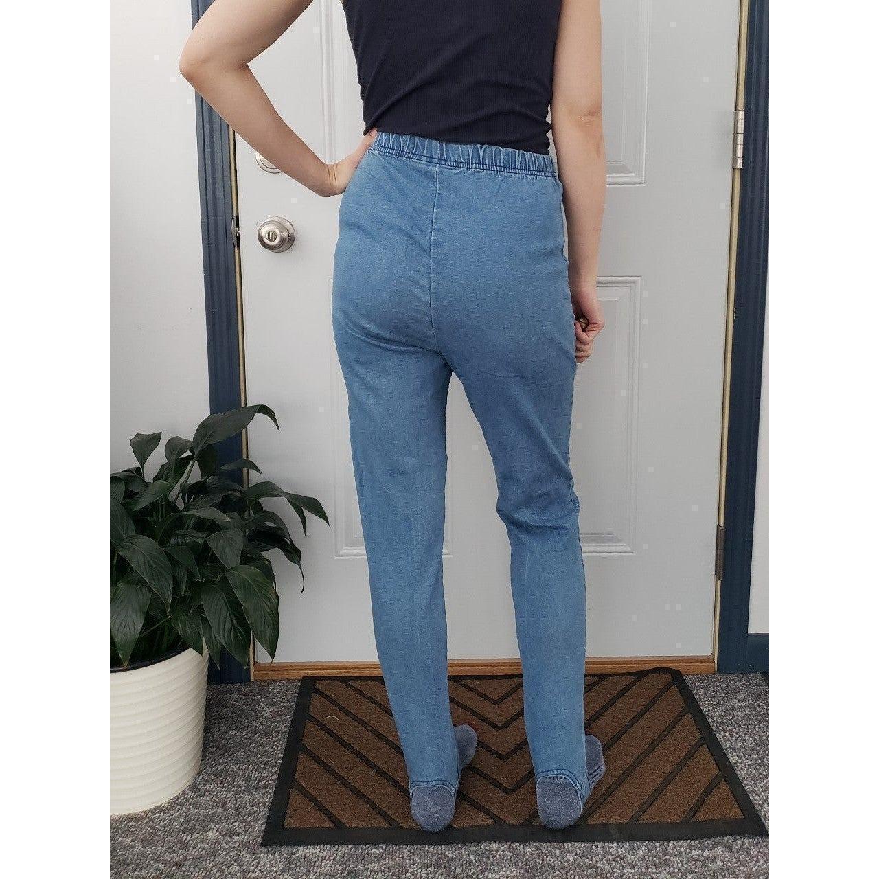 Denim stirrup pants best sale