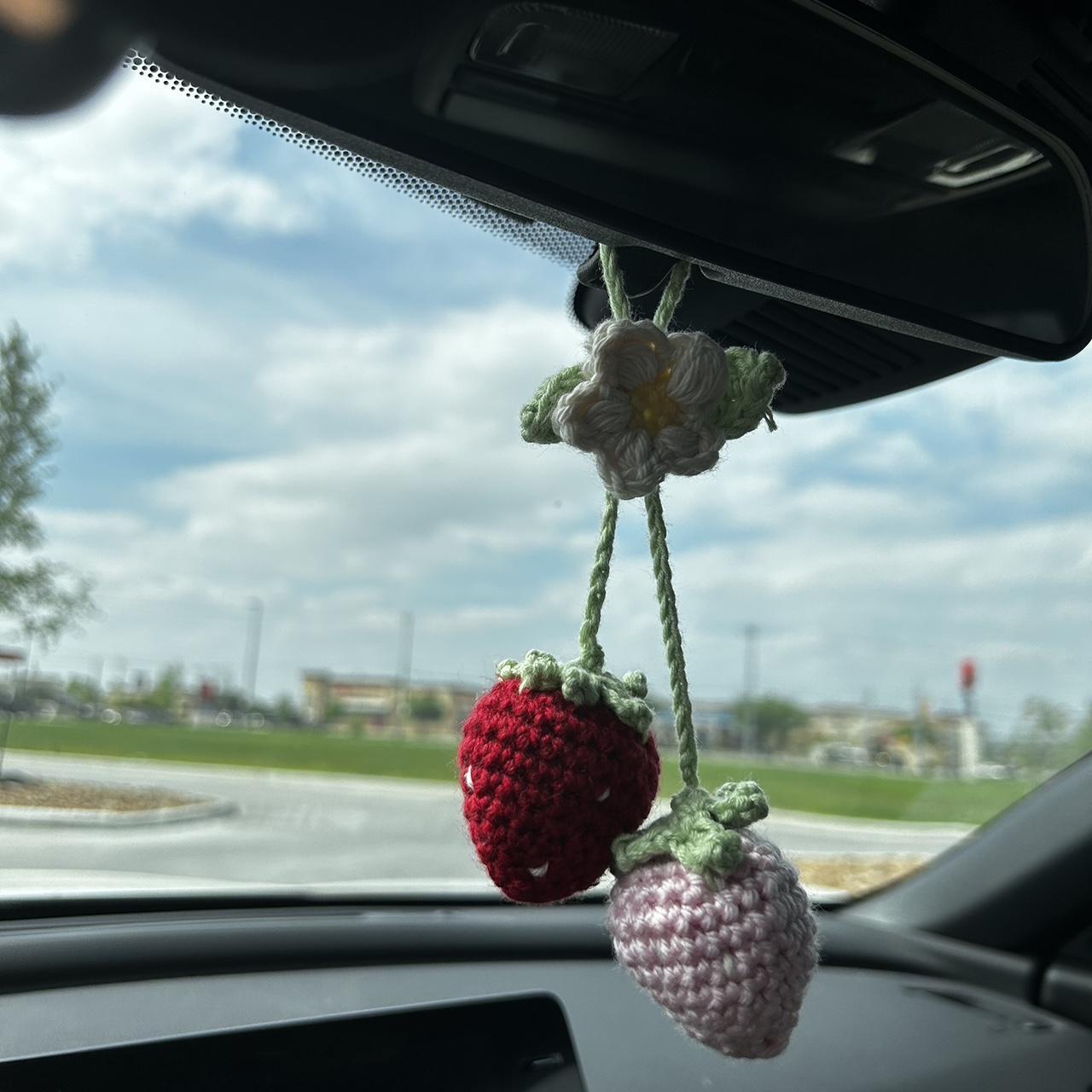 Handmade crochet strawberries & daisy rear view car... - Depop