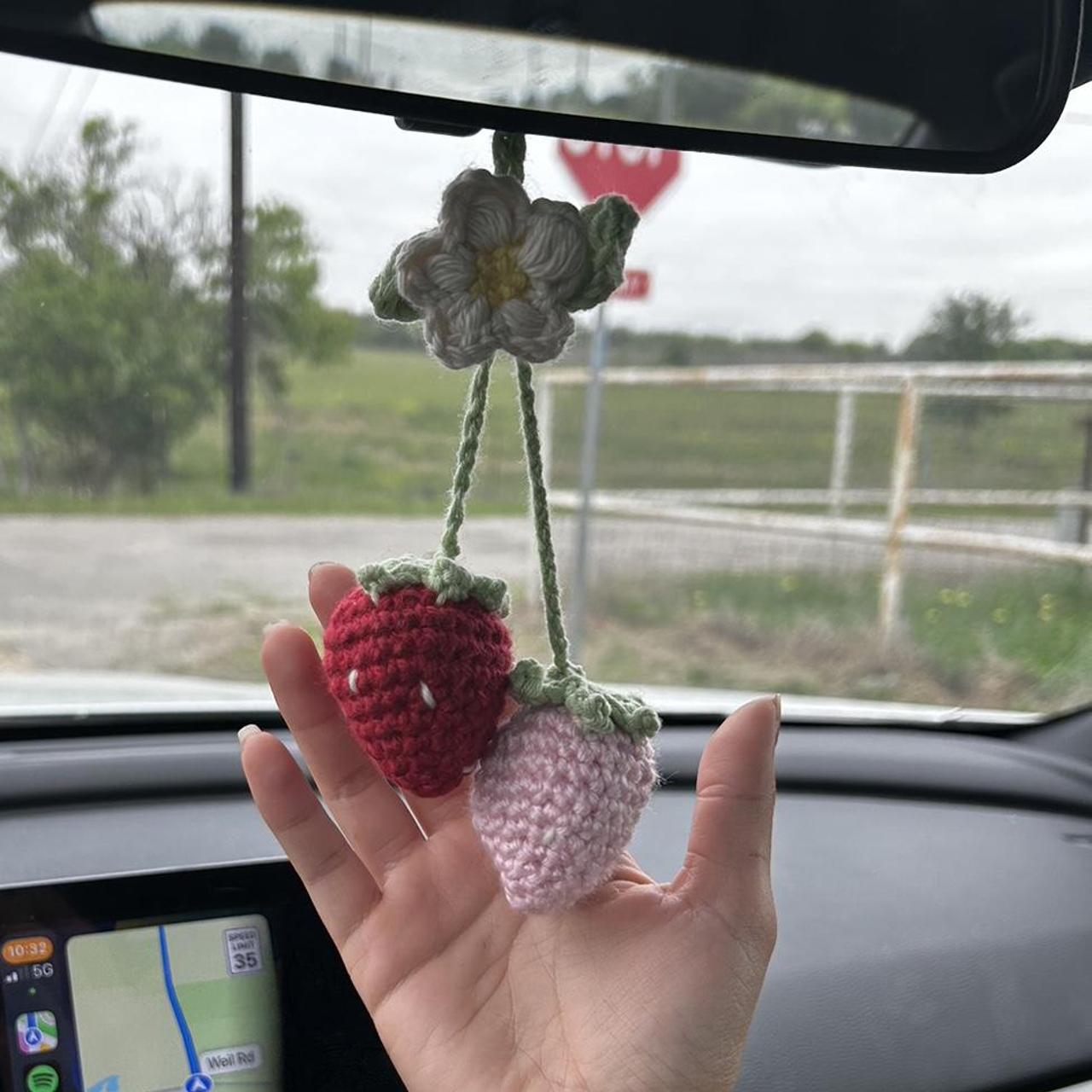 Handmade crochet strawberries & daisy rear view car... - Depop