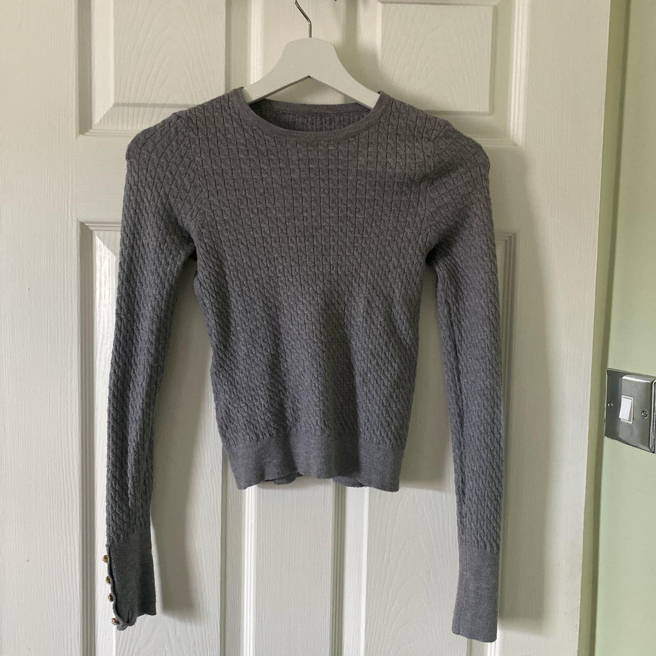 Grey jumper/ sweater with pearl detail on sleeve. - Depop