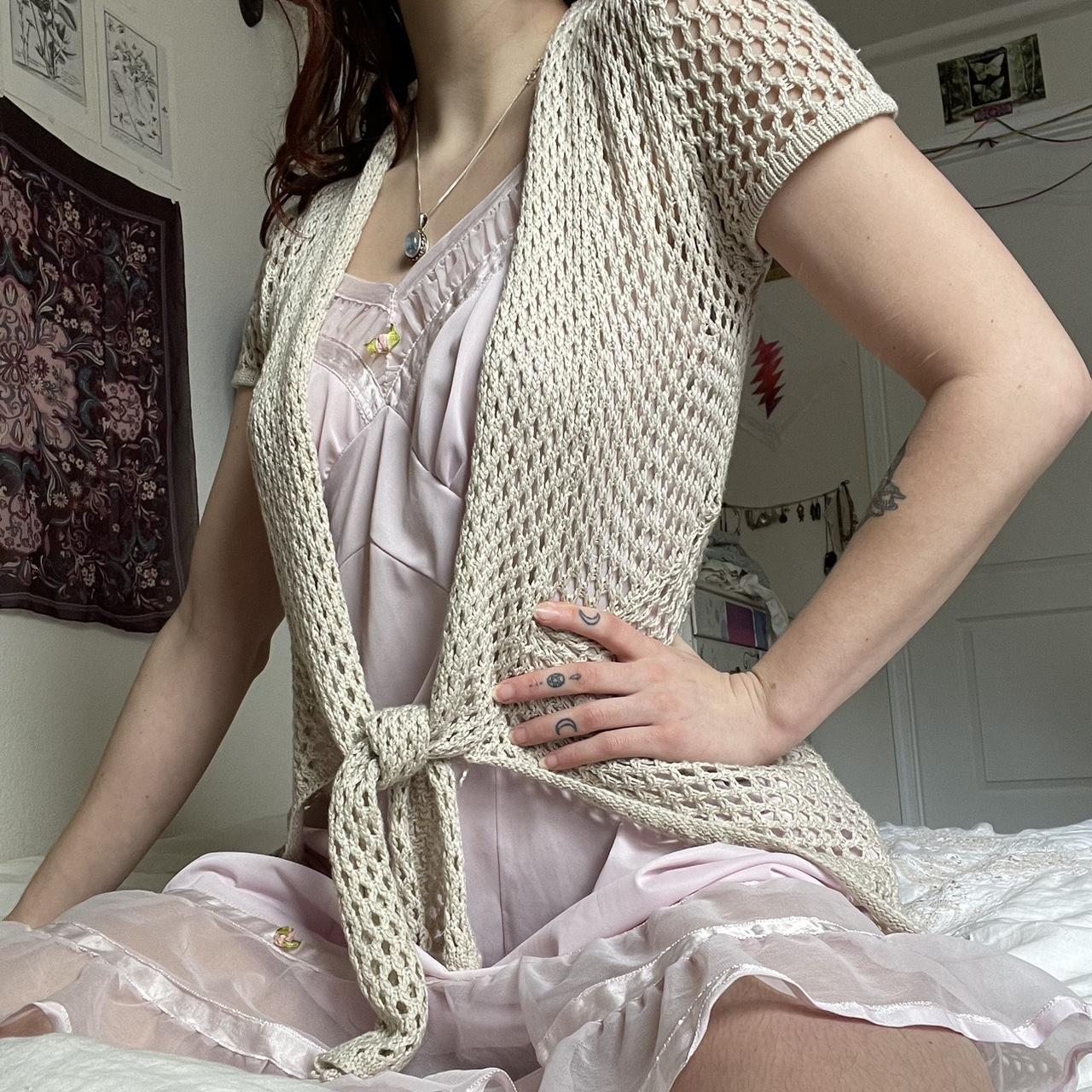 vintage open knit cap sleeve cardigan in oat size... Depop